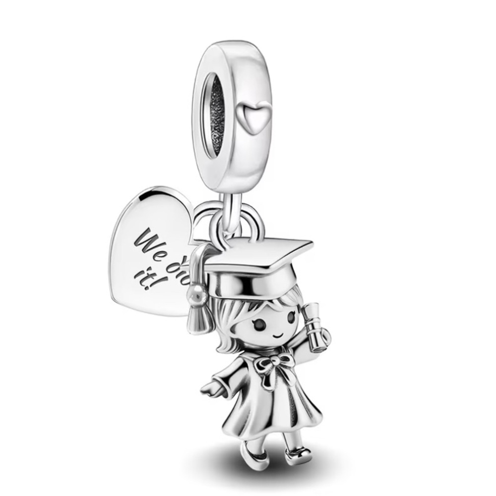 Sterling Silver Heart Engraved with “We Did It!” Graduation Girl Charm Pendant